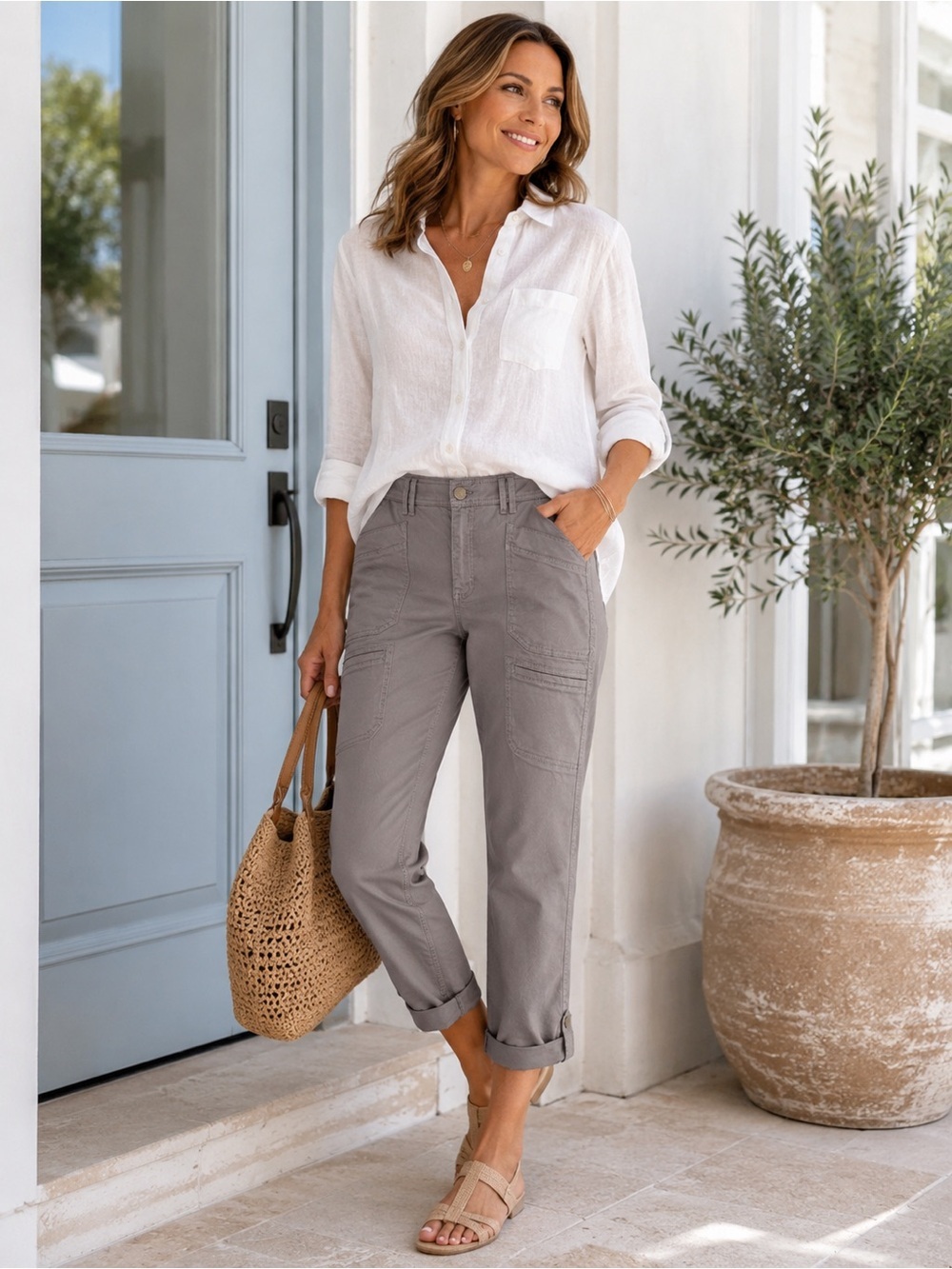 Democracy Utility Cargo Jeans Women's Gray Cropped Roll Tab Hem Ab Solution